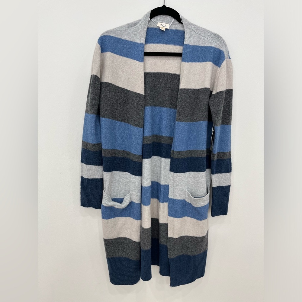 Blue and gray striped cardigan. Size XS. New with tag.